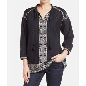 Madewell Camelia Black White Embroidered Boho Peasant Tassel Top Blouse M (flaw)